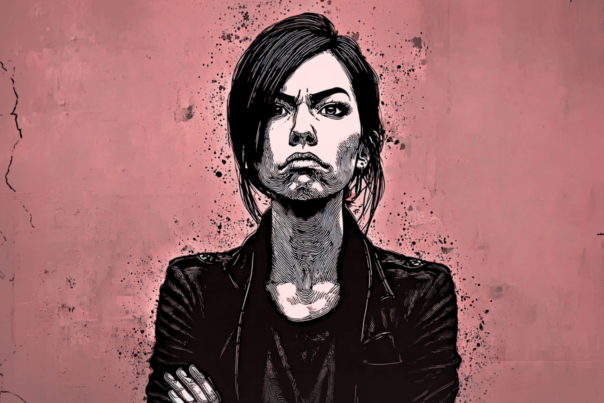 Illustration of a person with crossed arms and a stern expression, set against a textured pink background with black ink splatters. The person has dark hair and wears a dark jacket.