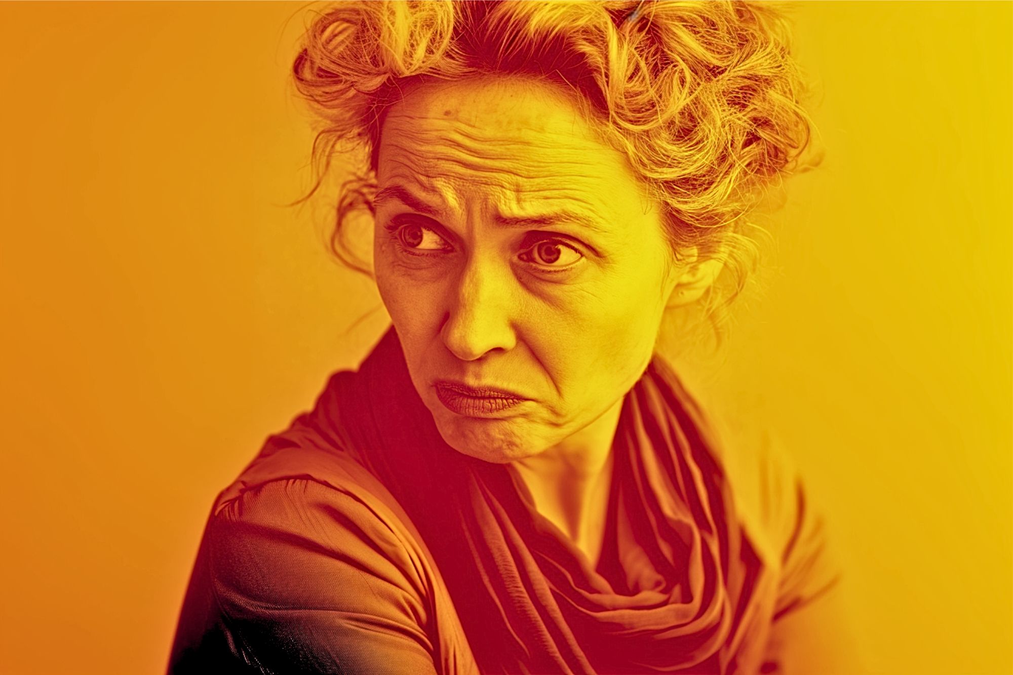 A woman with curly hair and a scarf frowns and looks to the side, her expression serious or concerned. The image is tinted with warm orange and yellow colors.