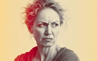 A digitally illustrated woman with curly hair looks to the side with a skeptical, displeased expression, her lips pursed and eyebrows furrowed, against a soft beige background.