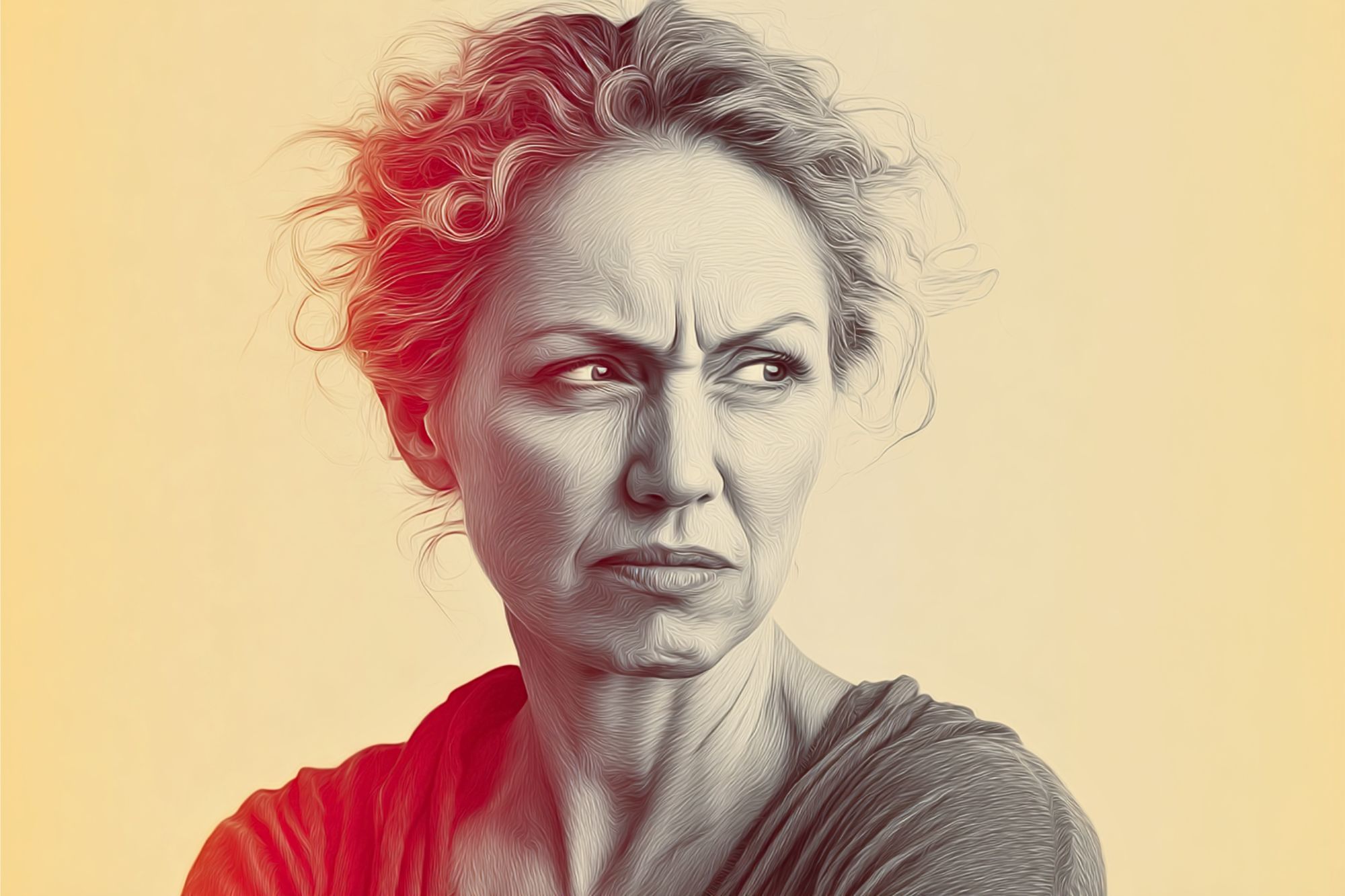A digitally illustrated woman with curly hair looks to the side with a skeptical, displeased expression, her lips pursed and eyebrows furrowed, against a soft beige background.