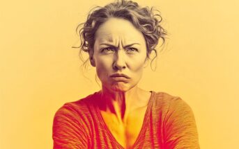 A woman with curly hair frowns and looks upset, her arms crossed. The image has a warm, yellow and red gradient effect with high contrast.