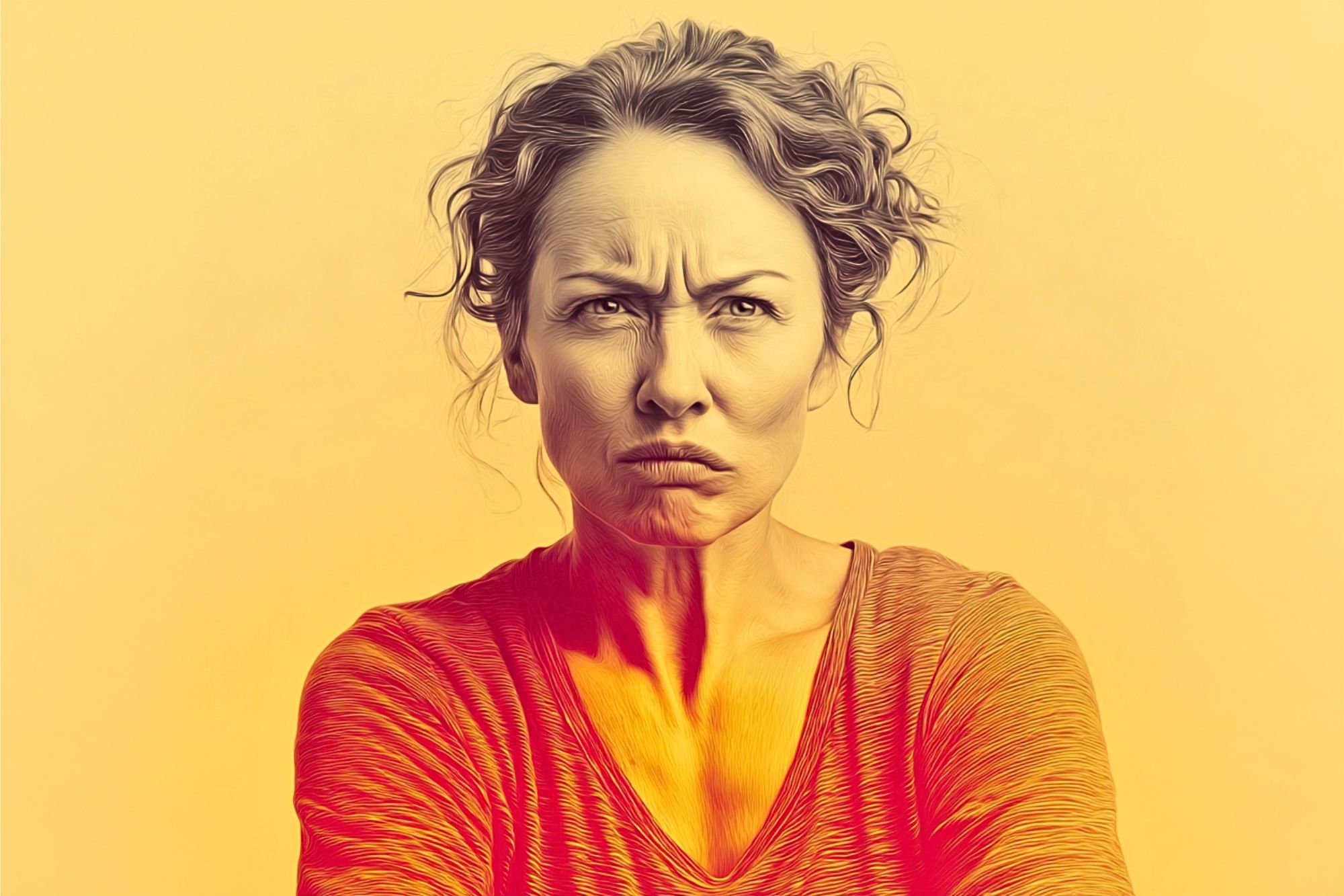 A woman with curly hair frowns and looks upset, her arms crossed. The image has a warm, yellow and red gradient effect with high contrast.