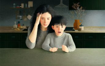 A woman with a distressed expression sits at a kitchen counter with a young boy who appears to be crying.