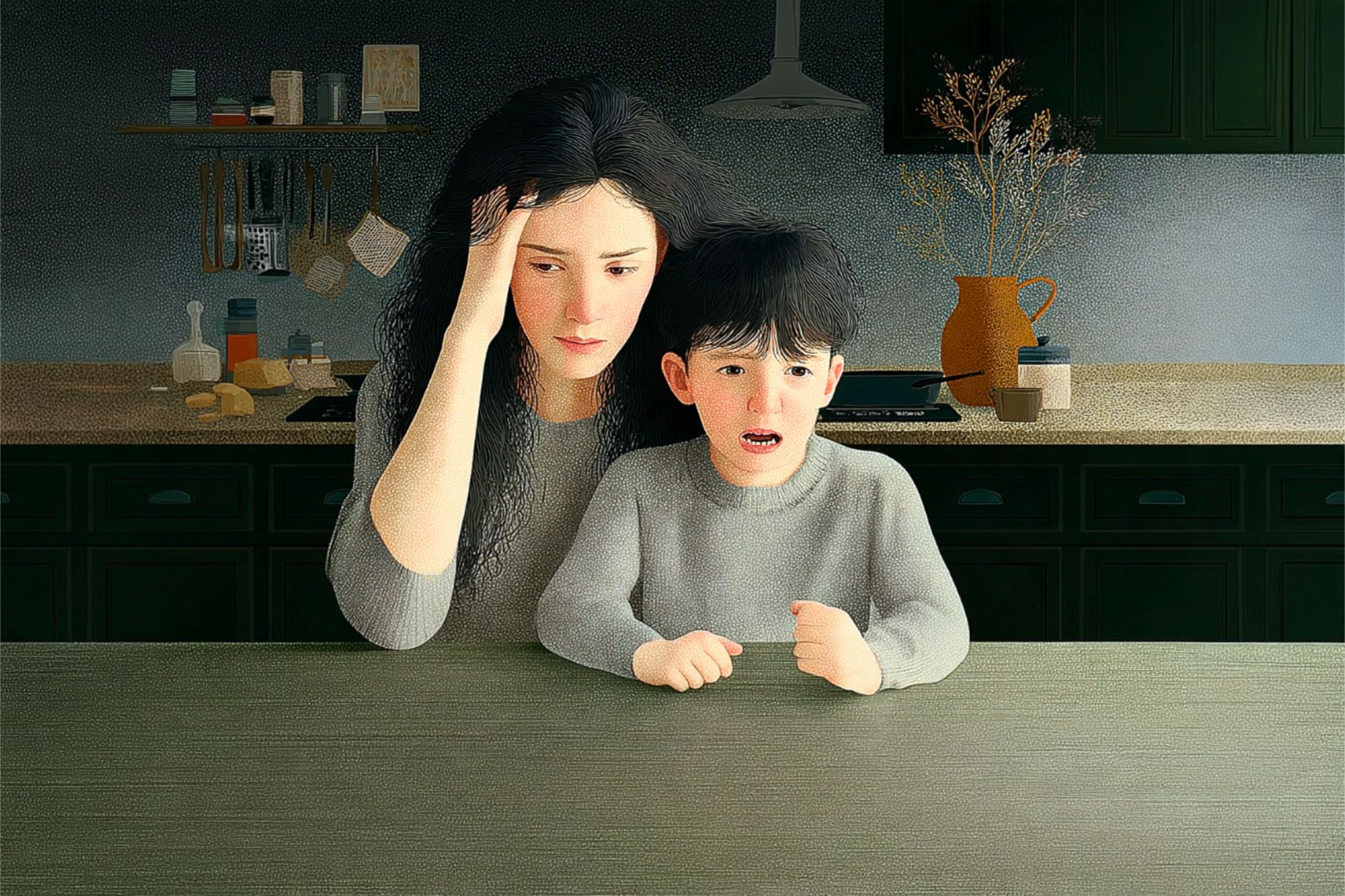 A woman with a distressed expression sits at a kitchen counter with a young boy who appears to be crying.