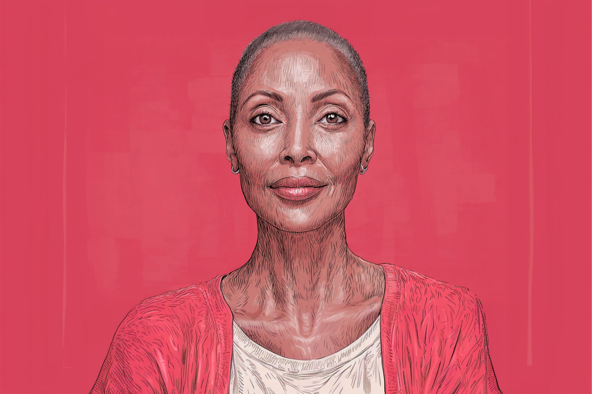 A detailed digital illustration of a confident woman with short hair, wearing a white top and a red cardigan, set against a solid pink background. She faces forward with a calm, composed expression.