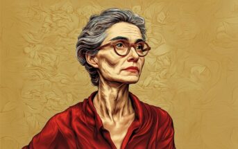 A stylized digital painting of an older woman with gray hair, glasses, and a red blouse, looking thoughtfully to the side against a textured, golden background.