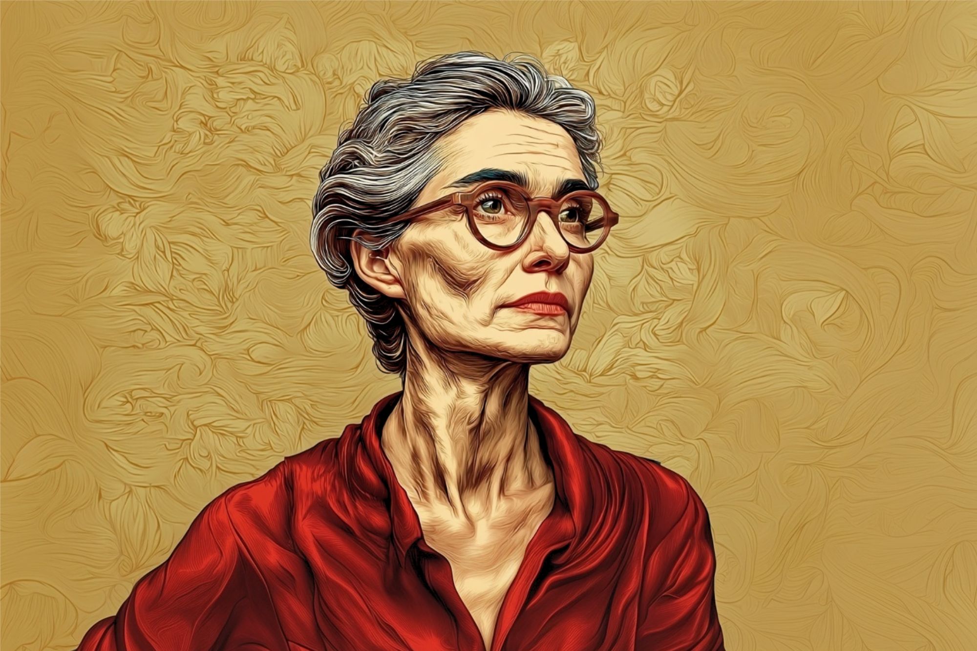 A stylized digital painting of an older woman with gray hair, glasses, and a red blouse, looking thoughtfully to the side against a textured, golden background.