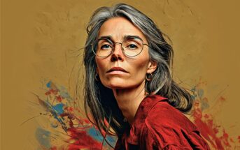 A woman with long gray hair, glasses, and hoop earrings wears a red blouse against a textured brown background with splashes of blue and red paint. She gazes confidently toward the viewer.