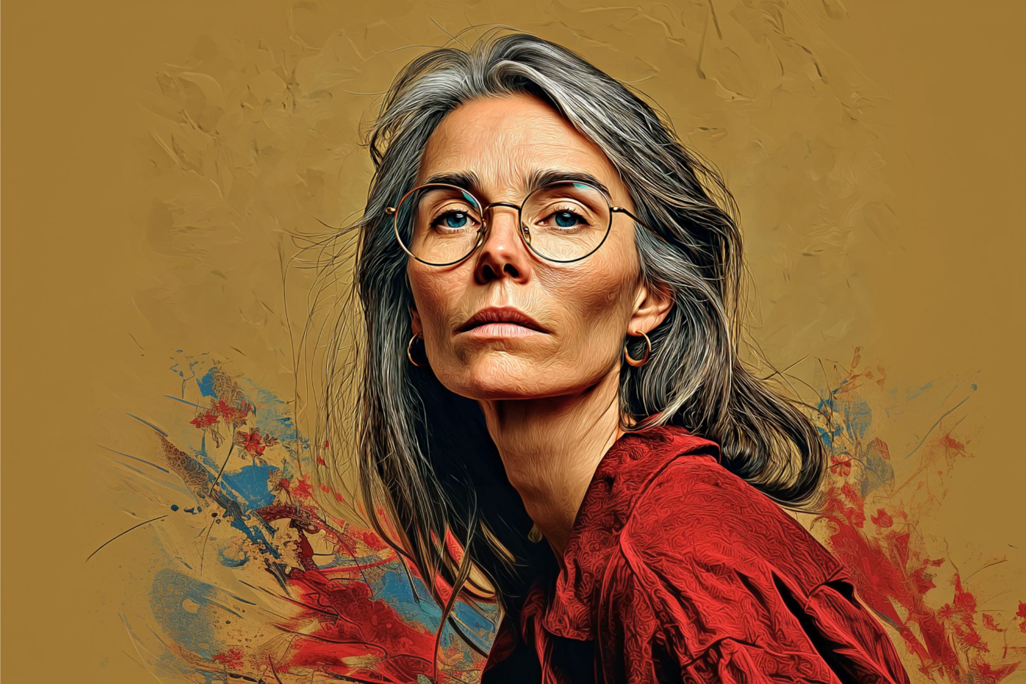 A woman with long gray hair, glasses, and hoop earrings wears a red blouse against a textured brown background with splashes of blue and red paint. She gazes confidently toward the viewer.
