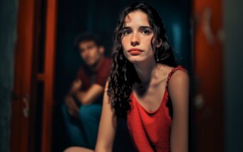 A woman sitting in a room with a man behind her.