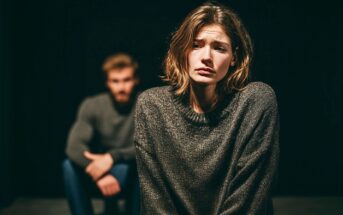 A woman with a sad, distressed expression sits in the foreground, while a man sits in the background, out of focus. Both wear sweaters and are in a dimly lit setting, suggesting a tense or emotional moment.