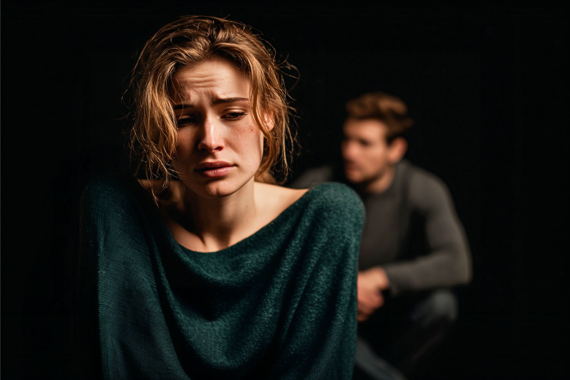 A sad woman with a distressed expression sits in the foreground, wearing a green sweater. In the blurred background, a man in a gray sweater sits with a concerned look, both against a dark backdrop.