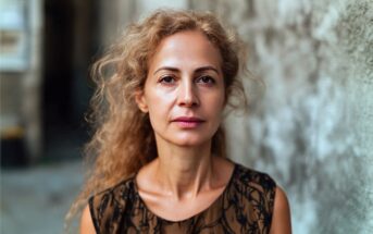 A woman with curly blonde hair and a calm expression stands outdoors near a textured wall, wearing a sleeveless, patterned top. The background is softly blurred.