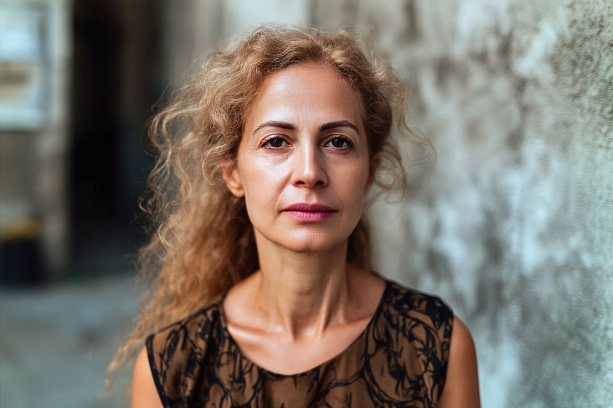 A woman with curly blonde hair and a calm expression stands outdoors near a textured wall, wearing a sleeveless, patterned top. The background is softly blurred.