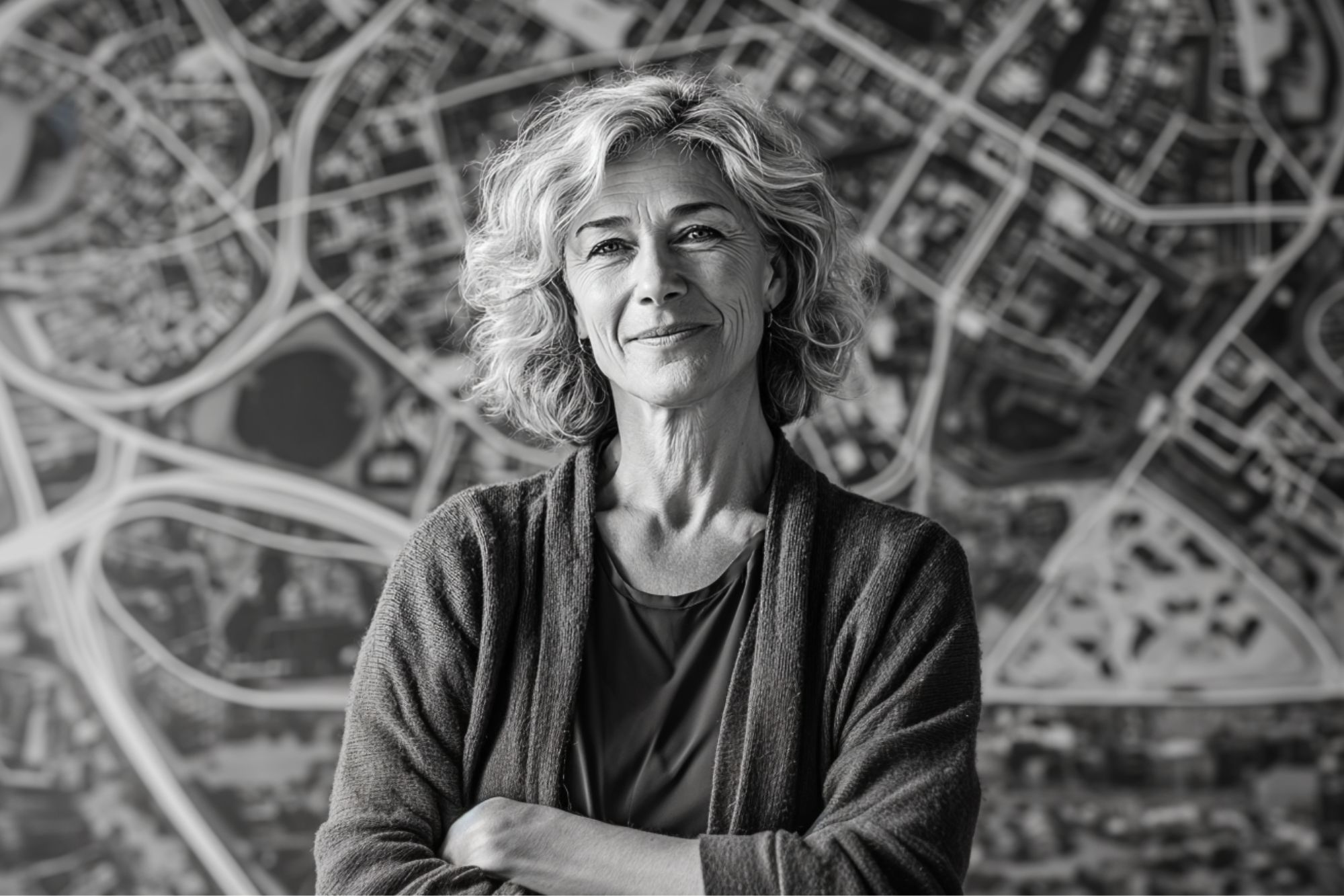 A confident middle-aged woman with curly hair stands with arms crossed, smiling slightly. She is in front of a large, detailed city map. The image is in black and white.