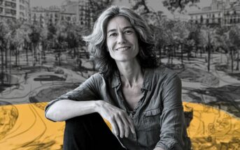 A woman with wavy gray hair and a casual shirt sits smiling in front of a sketched city park background with yellow highlights, blending realism and illustration.