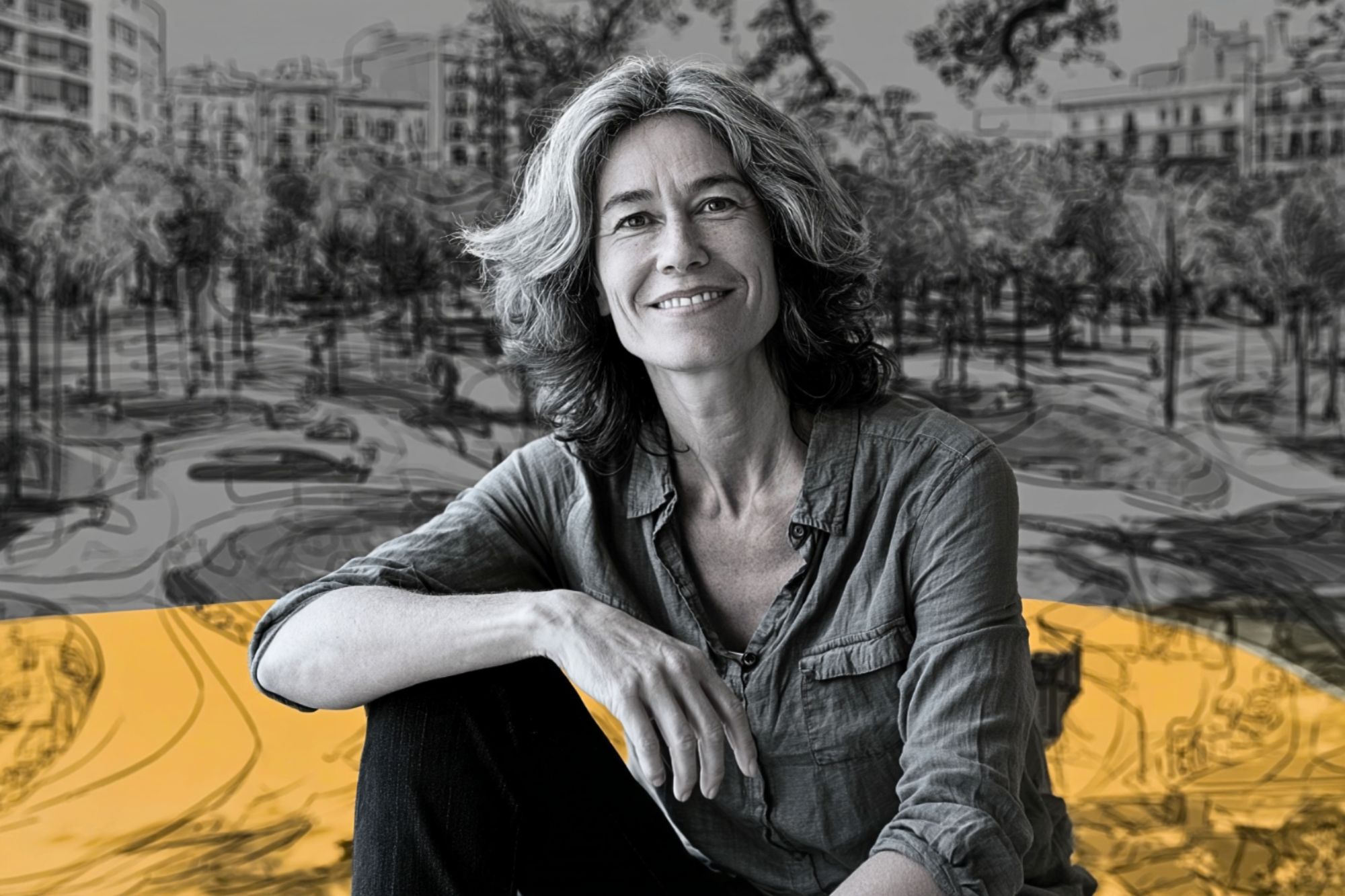 A woman with wavy gray hair and a casual shirt sits smiling in front of a sketched city park background with yellow highlights, blending realism and illustration.