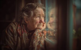 An elderly woman with gray hair and a patterned shawl rests her chin on her hand, gazing thoughtfully out of a window. Her reflection appears softly in the glass, evoking a sense of nostalgia and contemplation.