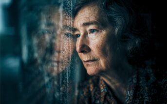 An elderly woman with gray hair gazes thoughtfully out a window covered in raindrops, her face reflected in the glass, conveying a somber and reflective mood.