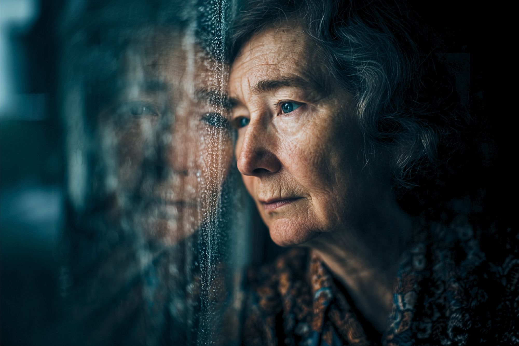 An elderly woman with gray hair gazes thoughtfully out a window covered in raindrops, her face reflected in the glass, conveying a somber and reflective mood.