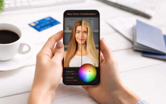A person holds a smartphone displaying a hair color app. The screen shows a woman's hair before and after color adjustment, with a color wheel and sliders to modify saturation and lightness. A coffee cup, card, and papers are on the table.