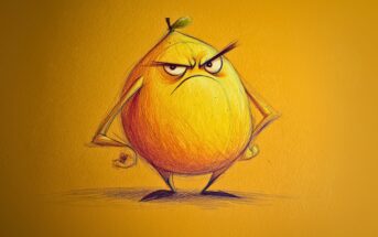 A cartoon-style, yellow, pear-shaped character with angry eyebrows and a frown stands with arms on hips against an orange background, appearing frustrated and determined.