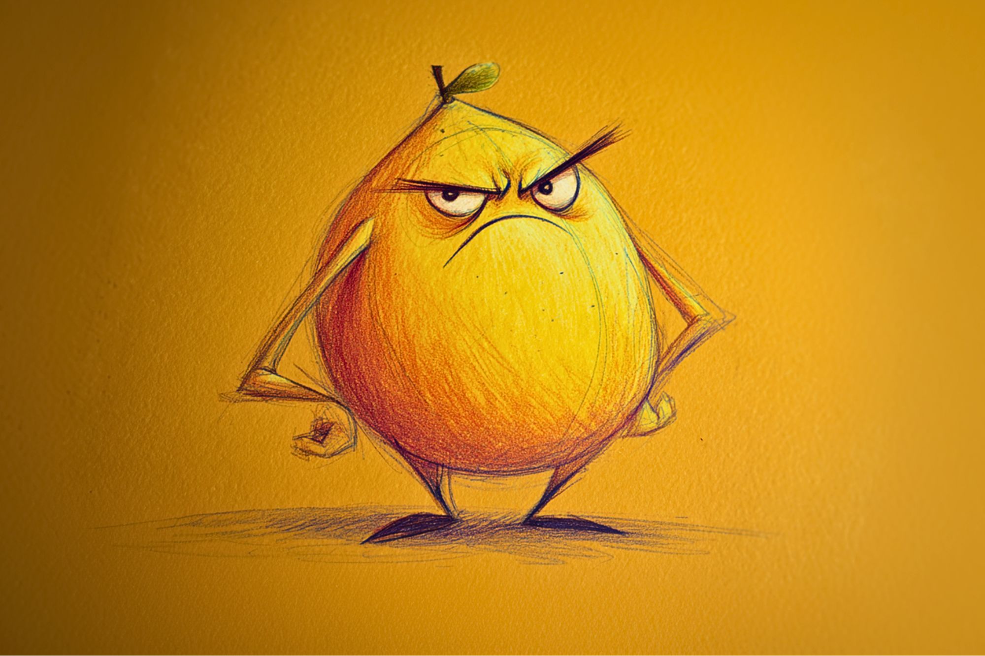 A cartoon-style, yellow, pear-shaped character with angry eyebrows and a frown stands with arms on hips against an orange background, appearing frustrated and determined.