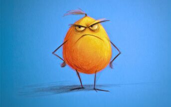 A cartoonish, egg-shaped yellow creature with an angry expression, furrowed brows, and thin arms on its hips stands against a blue background. It has messy hair on top and thin stick-like legs.