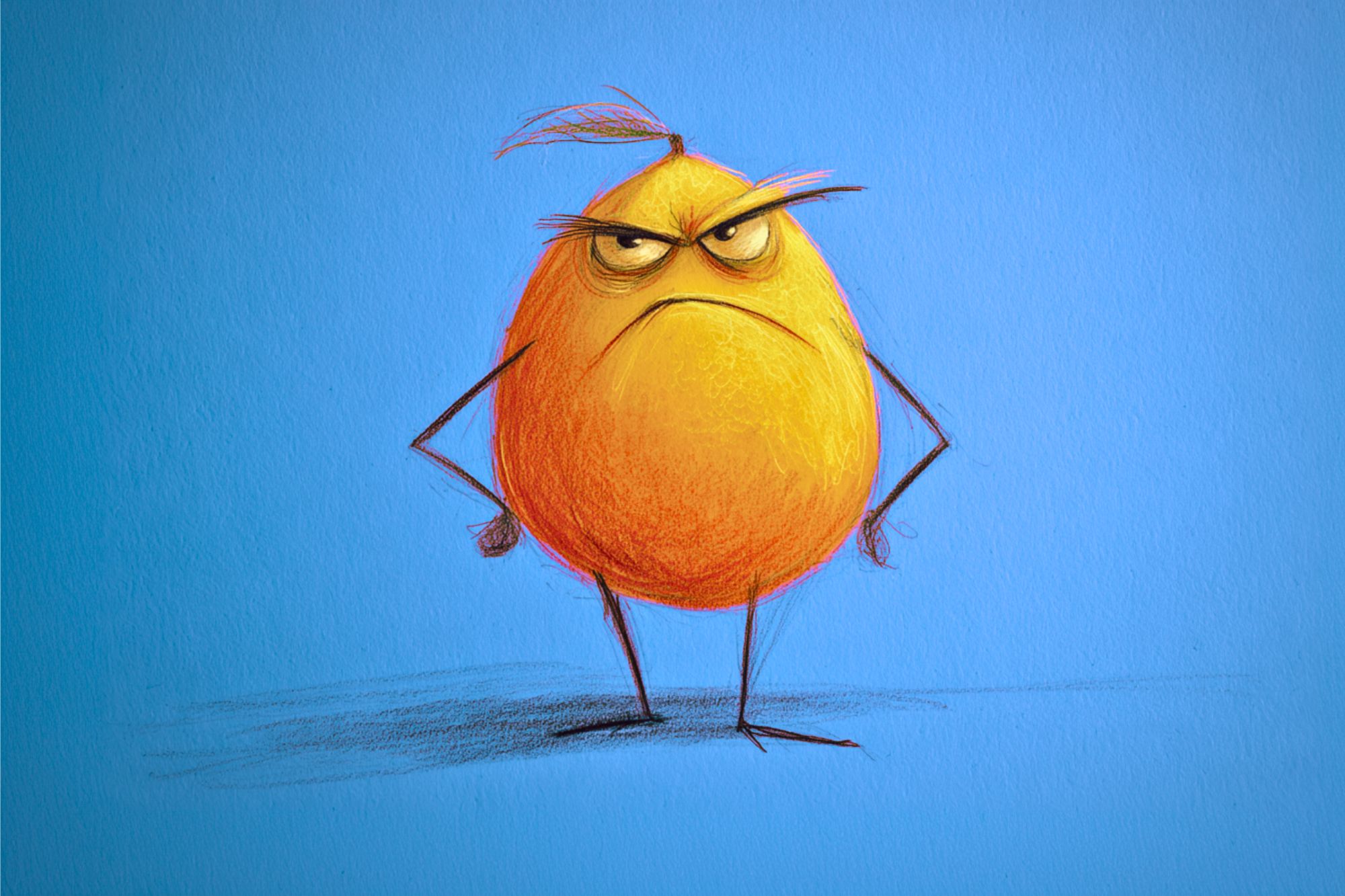 A cartoonish, egg-shaped yellow creature with an angry expression, furrowed brows, and thin arms on its hips stands against a blue background. It has messy hair on top and thin stick-like legs.