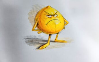 A cartoon lemon with arms and legs stands with an angry expression, furrowed eyebrows, and a frown. The lemon’s hands are on its hips, and it casts a shadow on a white background.