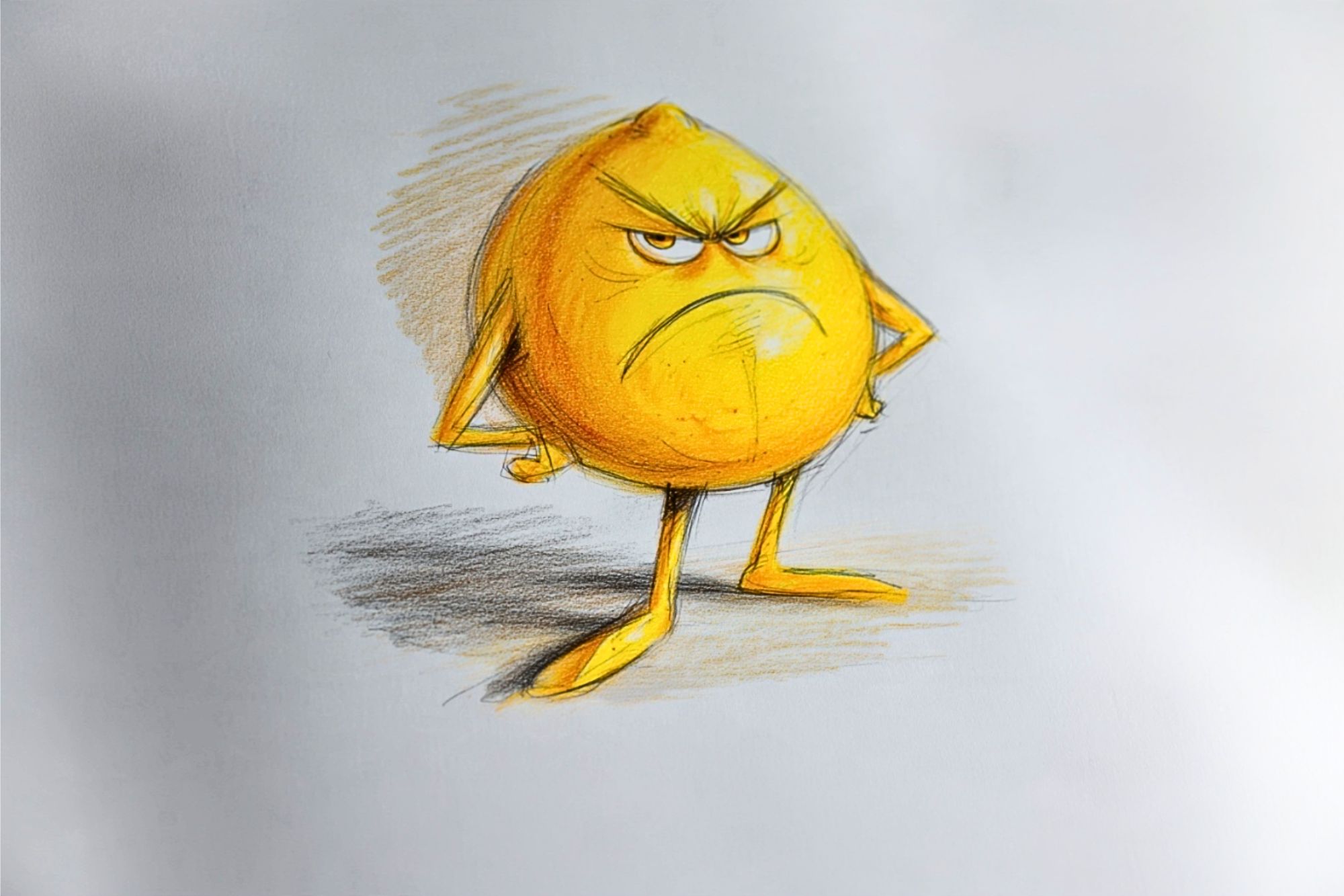 A cartoon lemon with arms and legs stands with an angry expression, furrowed eyebrows, and a frown. The lemon’s hands are on its hips, and it casts a shadow on a white background.