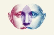 Two overlapping circles contain detailed, vintage-style illustrations of human faces—one red on the left and one blue on the right—creating a purple-toned intersection in the center.