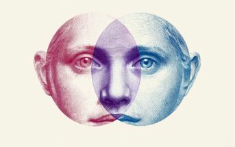 Two overlapping circles contain detailed, vintage-style illustrations of human faces—one red on the left and one blue on the right—creating a purple-toned intersection in the center.