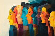 A colorful digital illustration of diverse human profiles lined up in a row, facing left. The faces are depicted in various shades of yellow, orange, blue, and red with textured, abstract features.