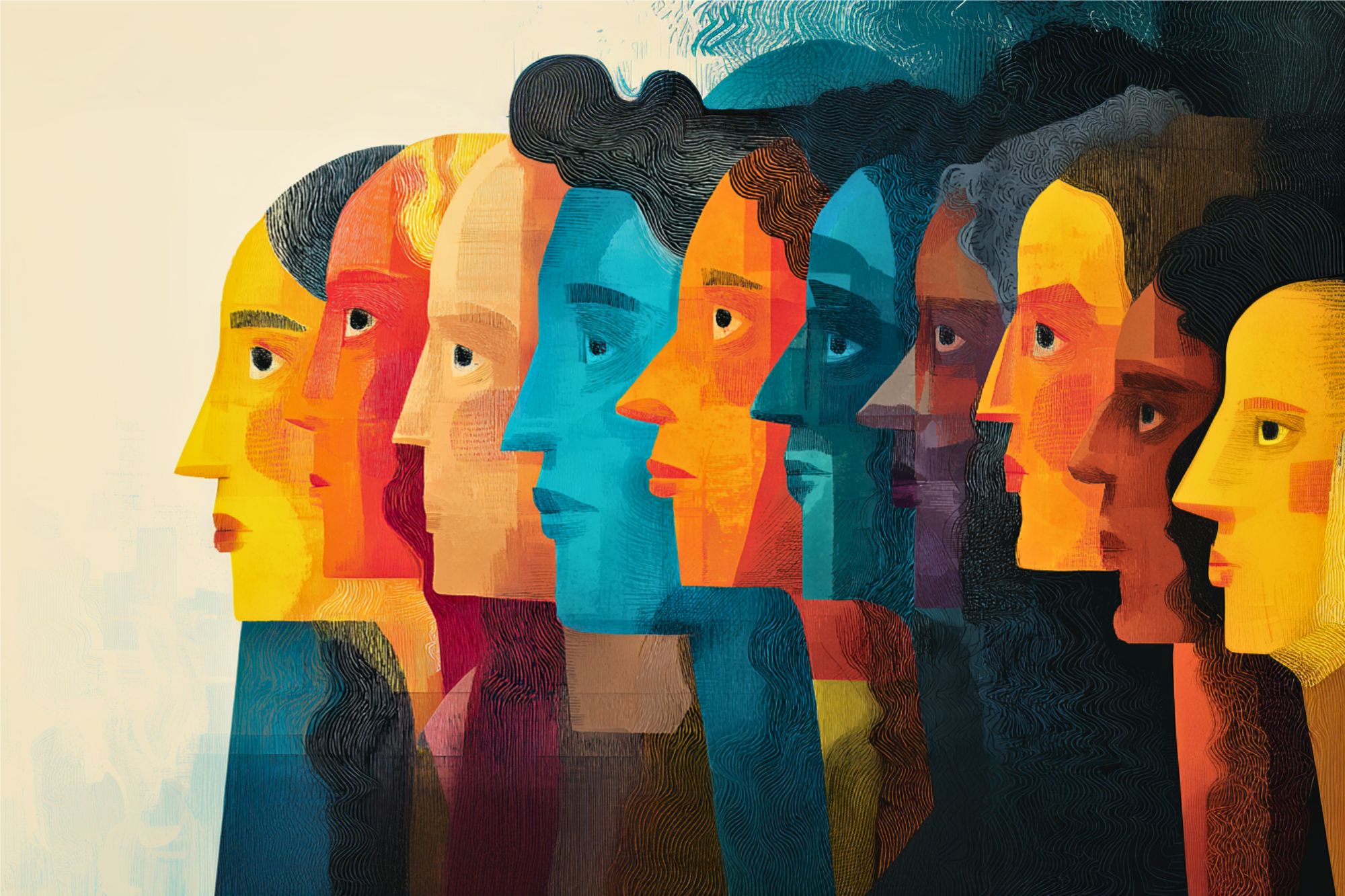 A colorful digital illustration of diverse human profiles lined up in a row, facing left. The faces are depicted in various shades of yellow, orange, blue, and red with textured, abstract features.
