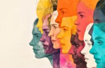 Illustration of diverse women’s faces in profile, side by side, each painted in a different vibrant color, symbolizing diversity and unity against a white background.