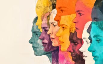 Illustration of diverse women’s faces in profile, side by side, each painted in a different vibrant color, symbolizing diversity and unity against a white background.