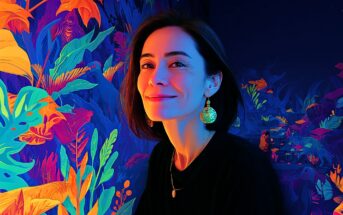 A woman with short brown hair smiles, wearing a black top and round earrings, in front of colorful, neon tropical leaves and plants on a dark background. The scene has a vibrant, artistic, illustrated style.