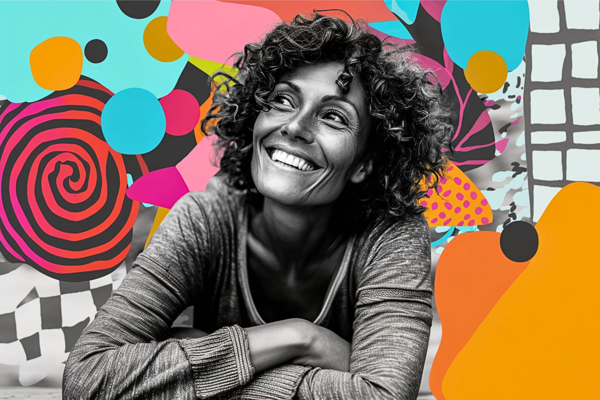 A smiling woman with curly hair leans forward against a colorful, abstract background with bold shapes, swirls, and patterns. The woman is in black and white while the vibrant backdrop contrasts behind her.