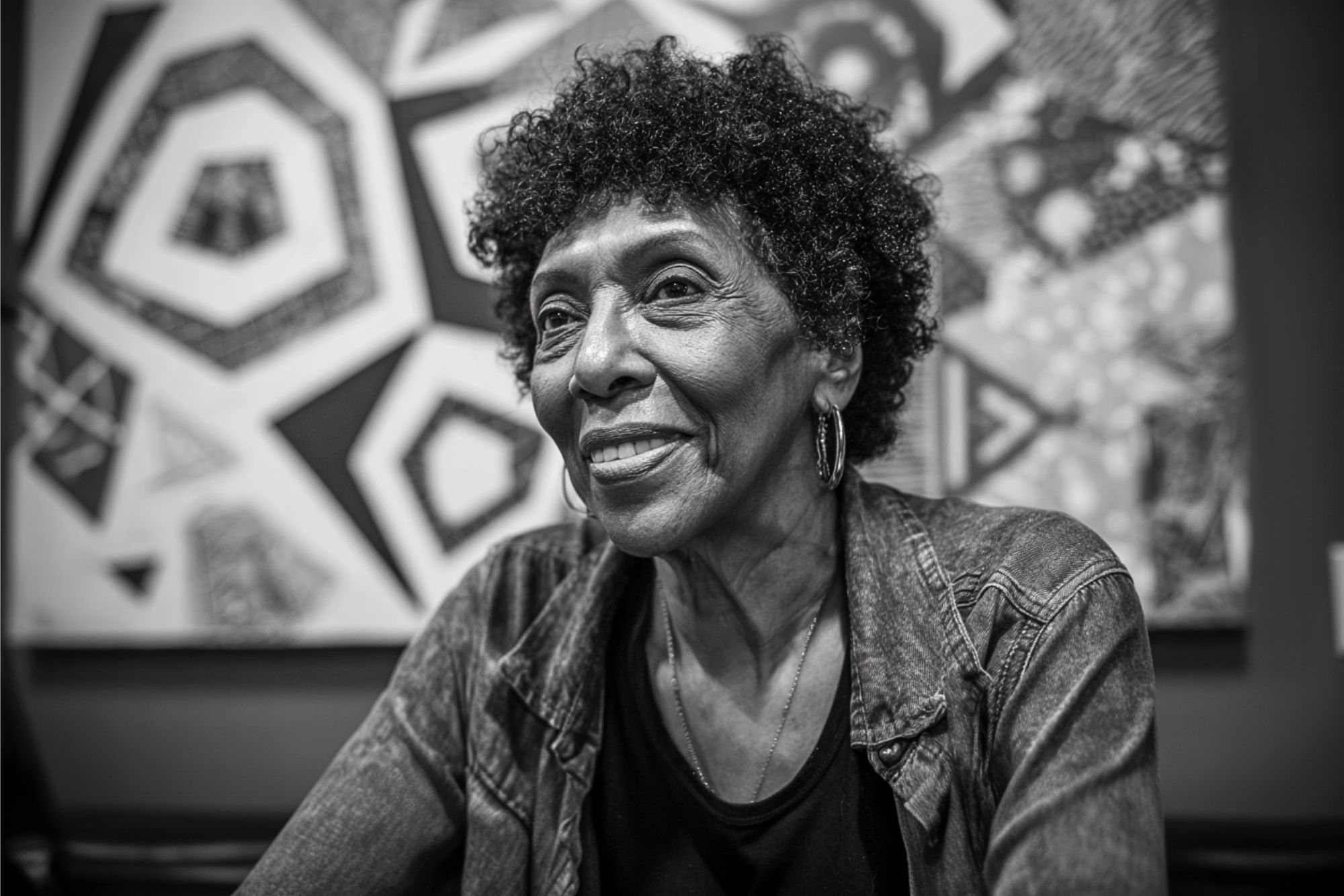 An older woman with curly hair and hoop earrings smiles softly while sitting indoors. She wears a denim jacket over a dark shirt. Abstract geometric art hangs on the wall behind her. The image is in black and white.