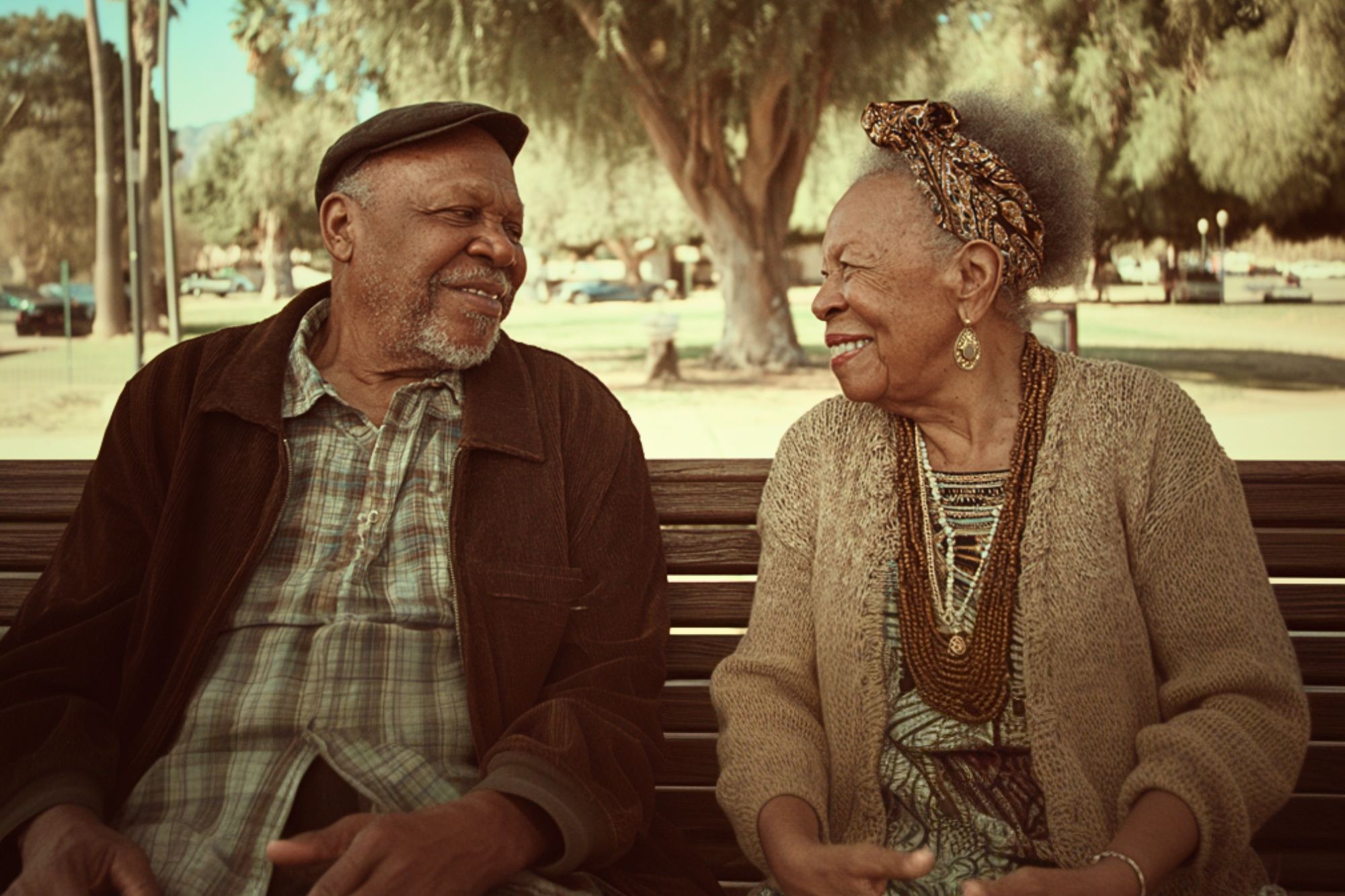 An elderly man and woman sit on a park bench, smiling warmly at each other. They are dressed in casual, comfortable clothing, with trees and soft sunlight in the background.