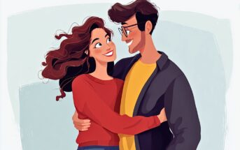 An illustration of a smiling couple embracing. The woman has long, wavy hair and wears a red sweater, while the man has dark hair, glasses, and a yellow shirt with a dark jacket. They are looking happily at each other.