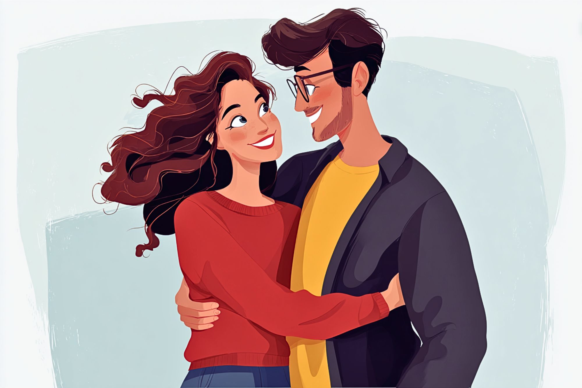 An illustration of a smiling couple embracing. The woman has long, wavy hair and wears a red sweater, while the man has dark hair, glasses, and a yellow shirt with a dark jacket. They are looking happily at each other.