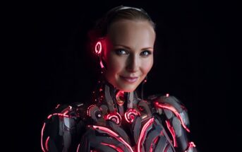 A woman with a human face and futuristic robotic body featuring glowing pink lights stands against a dark background, blending human and machine elements.