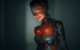 A futuristic female cyborg with glowing red eyes and illuminated red circuits on her body smiles menacingly in a dimly lit room. Her mechanical features blend with human-like skin.
