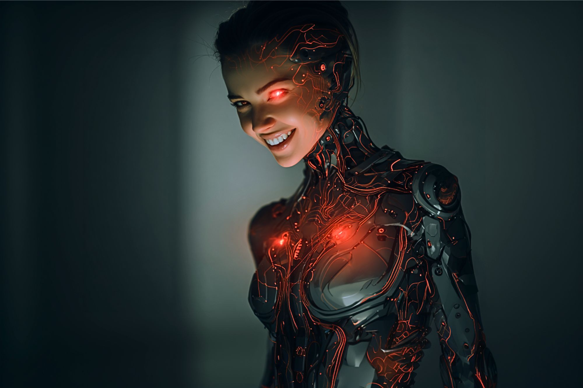 A futuristic female cyborg with glowing red eyes and illuminated red circuits on her body smiles menacingly in a dimly lit room. Her mechanical features blend with human-like skin.