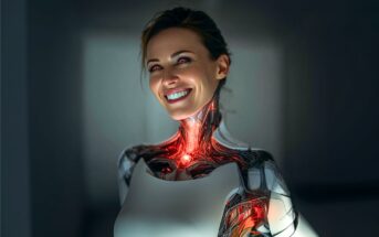A smiling woman with glowing red eyes and illuminated, transparent cybernetic features on her neck and shoulders, blending human and robotic elements in a futuristic setting.