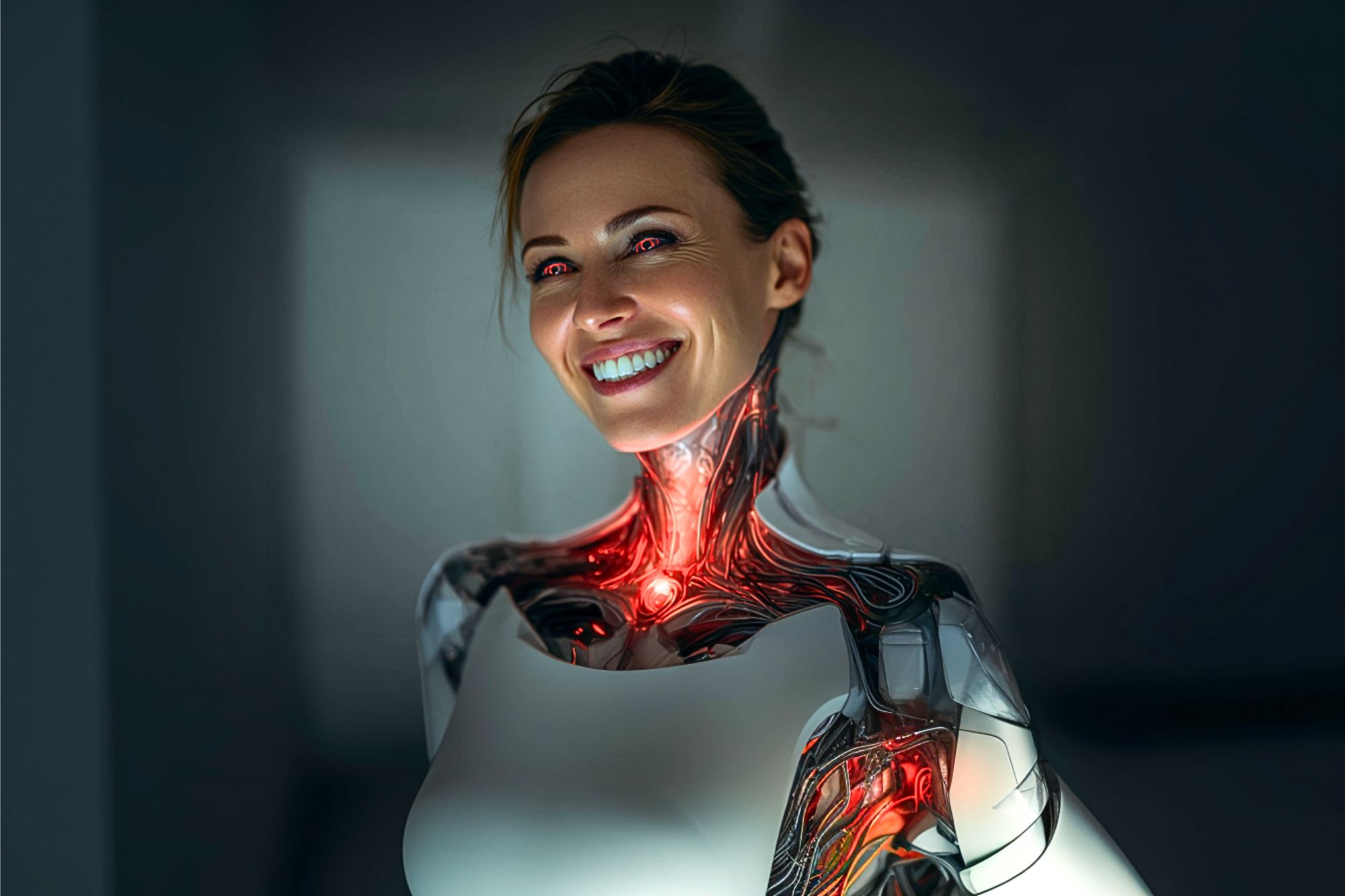 A smiling woman with glowing red eyes and illuminated, transparent cybernetic features on her neck and shoulders, blending human and robotic elements in a futuristic setting.