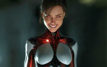 A woman with glowing red eyes and a wide smile has metallic, biomechanical features on her shoulders and chest, illuminated with red light, blending human and robotic elements.