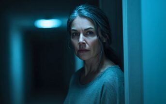 A woman with gray hair stands in a dimly lit hallway, leaning against a wall and looking forward with a serious expression. Blue light creates a somber, tense atmosphere.